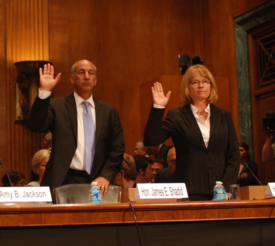 Durbin (not pictured) introduced Judge James Shadid and Justice Sue Myerscough at a Senate Judiciary Committee hearing that he chaired. Judge Shadid and Justice Myerscough are President Obama?s nominees to be United States District Judges for the Central District of Illinois.